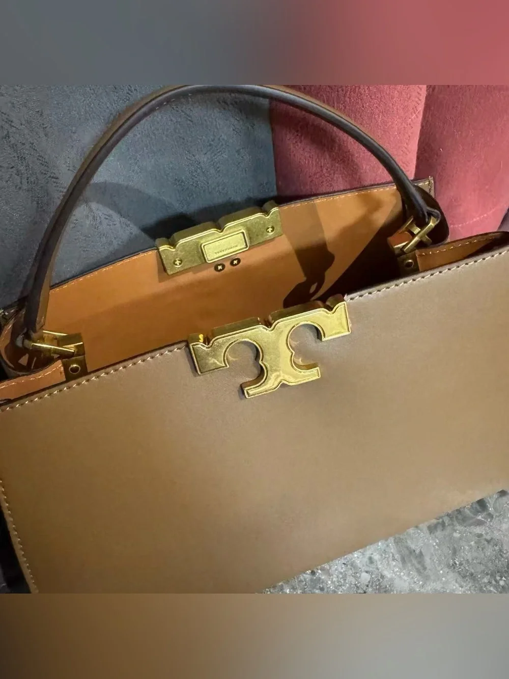 Tory Burch Tan Leather Top-Handle Satchel with Gold Logo